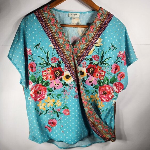 Umgee Short Sleeve Blue Floral Print Blouse Sz Small - Picture 1 of 9